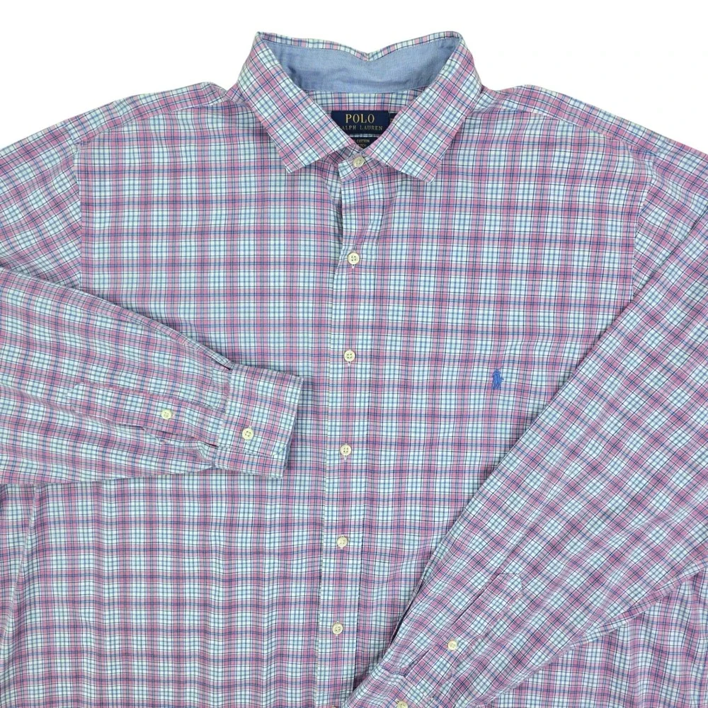 Polo Ralph Lauren Plaid Button Down Shirt Mens 2XLT Pink Blue Cotton Stretch